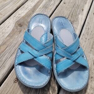 Born Slip on Strappy Sandals Size 8 EU 39 Flat Turquoise Leather